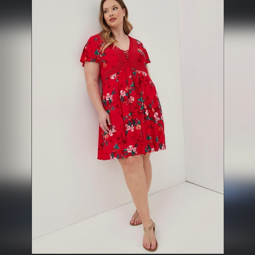 Torrid red floral summer gauze shirt flutter sleeves lace up skater dress